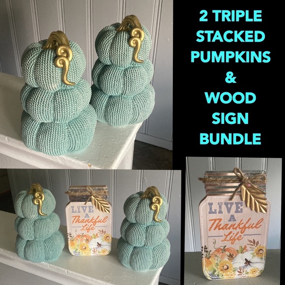 NWT BUNDLE- 2 TRIPLE STACKED TEXTURED AQUA BLUE PUMPKINS GOLD STEMS & WOOD SIGN - Picture 3 of 16
